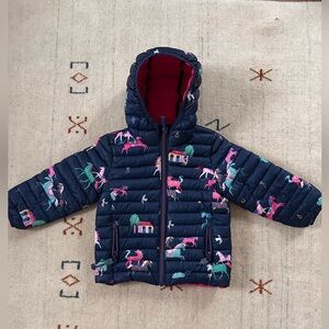 Joules girls navy horse puffer jacket, size 2